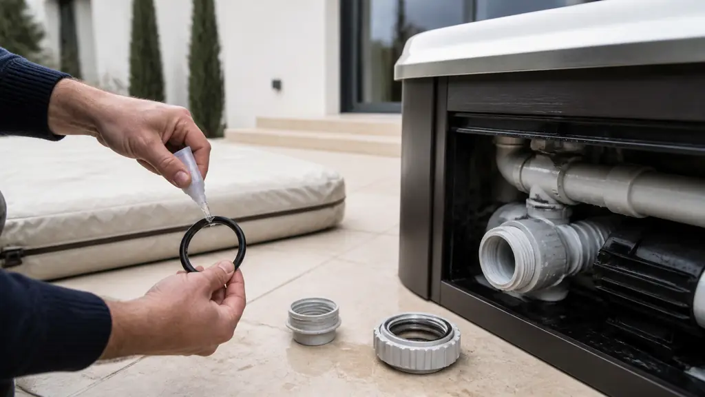Editorial close-up photograph of loosened union fittings beside a drained rigid outdoor spa, a person lubricating a rubber seal, and a fitted winter protection cover nearby, no text, no logo