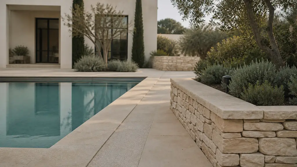 Editorial photograph of a natural stone garden featuring a low flat-stone wall with a protective cap, a boucharded stone border along a path, and flamed stone coping around a swimming pool, no text, no logo