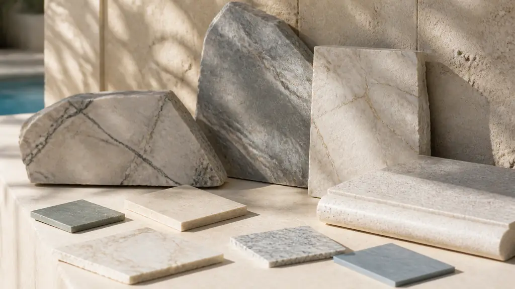 Editorial photograph of stone samples being compared in natural daylight beside a limestone wall, with quartzite pieces, a flamed pool coping sample, and a small labeled-free material palette, no text, no logo