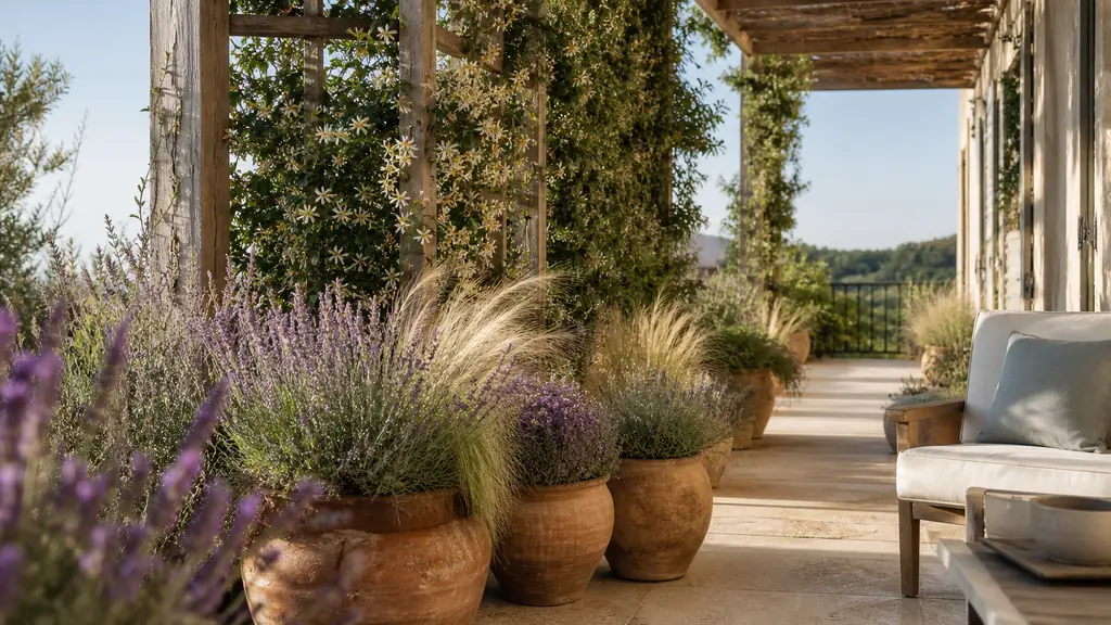 sunlit south-facing French terrace with lavender and feathery stipa in heavy terracotta pots, star jasmine climbing a wooden trellis, pale stone paving reflecting warm afternoon light, no text or logo