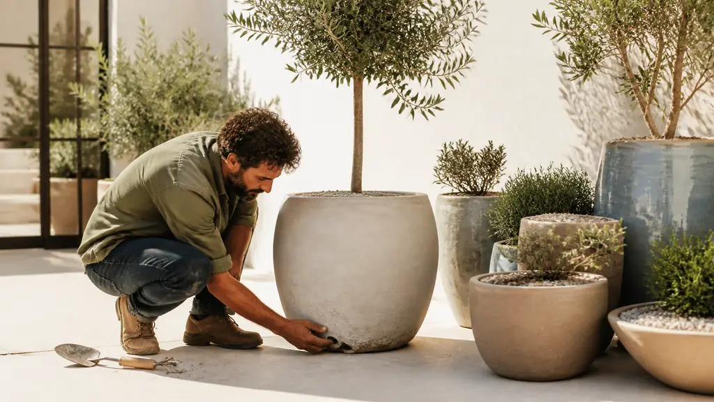 gardener checking drainage holes in a large pale ceramic pot on a sunny French terrace, grouped containers with light gravel mulch nearby, reflective white wall in the background, no text or logo