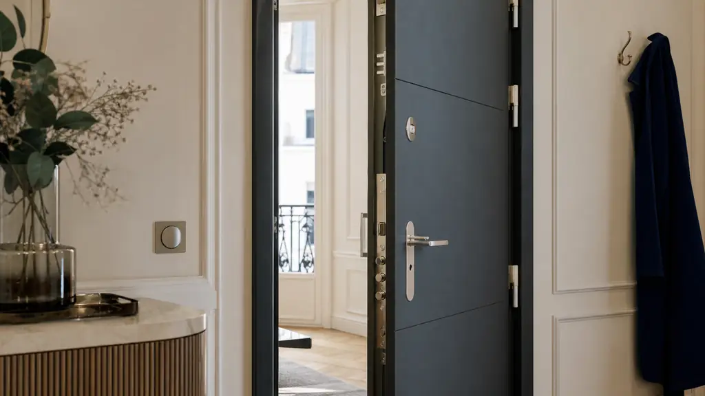 editorial photograph of a modern apartment entryway with a certified armored front door, close-up on steel frame, multipoint lock and hinge side, realistic natural light, no text, no logo