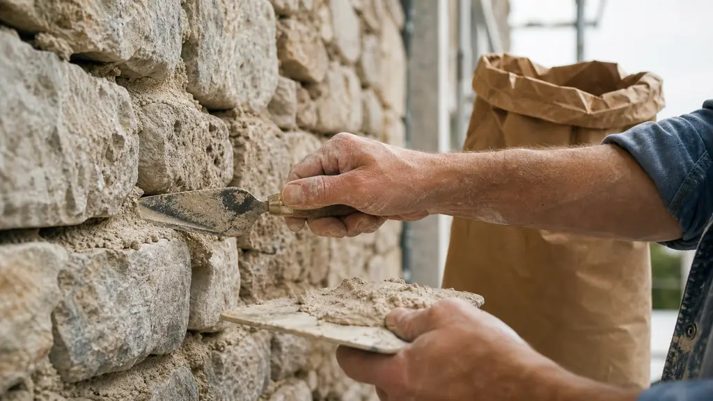 close-up editorial photograph of a craftsperson filling deep joints between irregular natural stones with beige lime mortar, pointing trowel in hand and an unbranded 30 kg paper sack nearby, soft daylight, no text, no logo