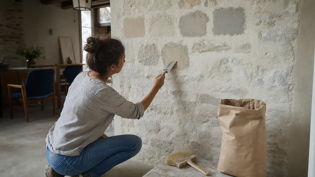 editorial photograph of a homeowner testing beige and grey lime mortar samples on a small interior stone wall, with a pointing trowel, natural-bristle brush and unbranded 25 kg paper sack nearby, soft daylight, no text, no logo