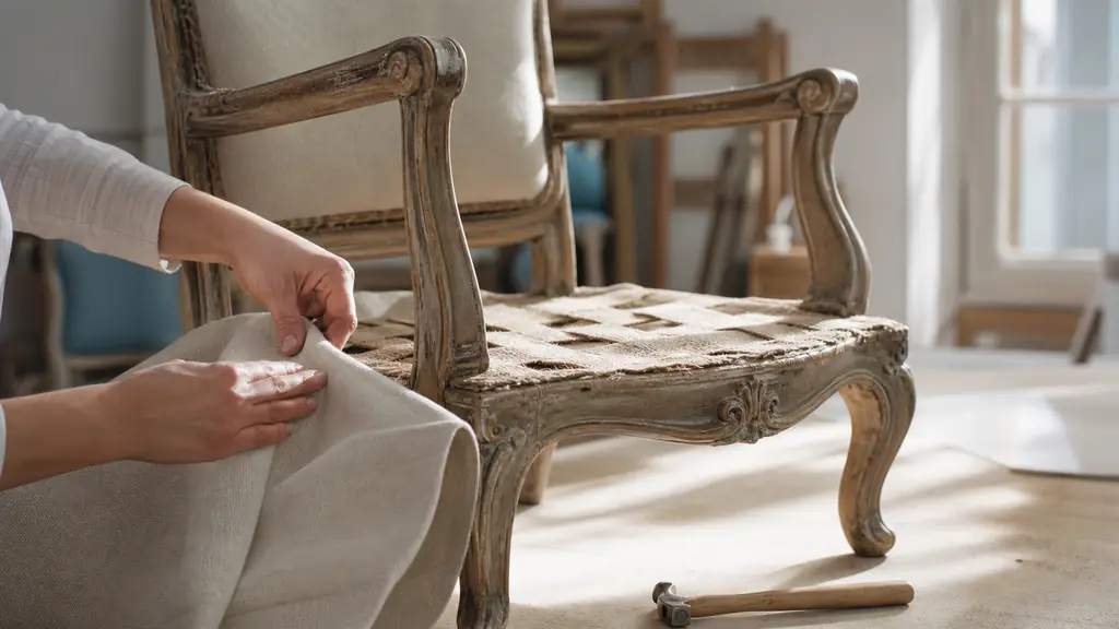 Editorial close-up photo of a vintage Voltaire armchair being restored in a bright workshop, old fabric removed, exposed seat webbing and wooden frame visible, hands aligning new upholstery fabric with a small tack hammer nearby, warm natural light, no text, no logo