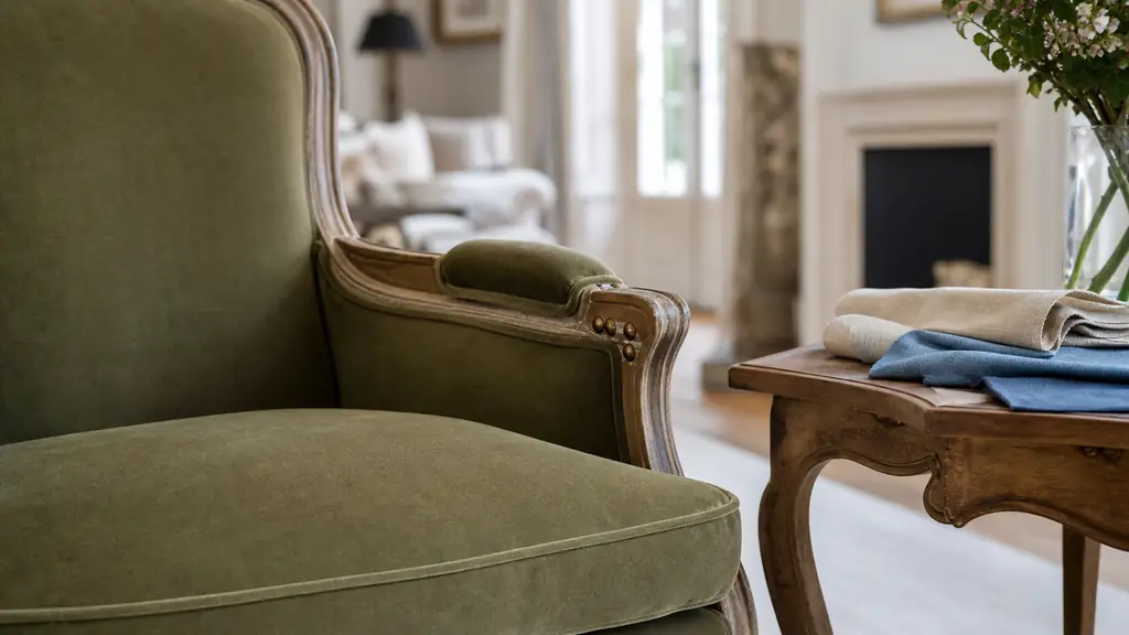 Editorial close-up of a restored Voltaire armchair in a bright living room, matte olive velvet upholstery, тон-on-tone thin piping along the seat edge, a few discreet antique brass tacks on the armrest, fabric swatches in beige linen and dusty blue on a wooden side table, natural daylight, no text, no logo