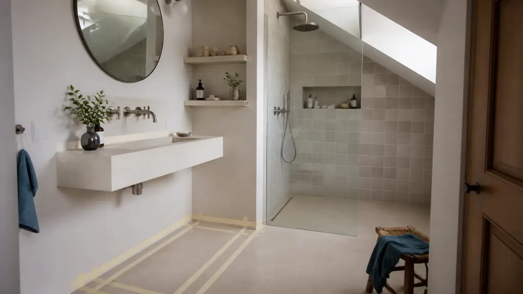Bright compact bathroom with masking tape outlining a floating vanity on the floor, shallow wall shelves beside the sink, and a glass shower beneath a sloped ceiling, editorial interior photography, no text, no logo
