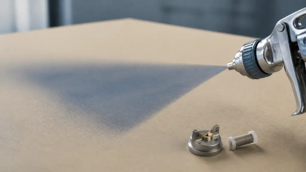 Close-up editorial photograph of a paint sprayer being tested on cardboard, with an even fan-shaped paint pattern, a clean nozzle and filter placed beside it, no text, no logo
