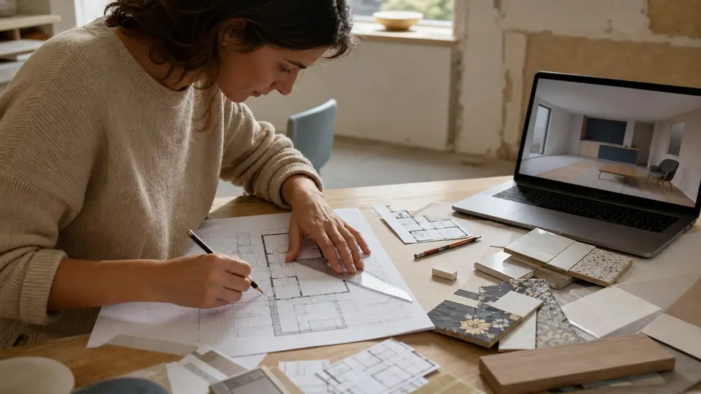 Home renovator drawing a scaled floor plan on graph paper with a triangular scale ruler, beside cut-out furniture templates and a laptop displaying a simple 3D room model, warm natural light, editorial photography, no text, no logo