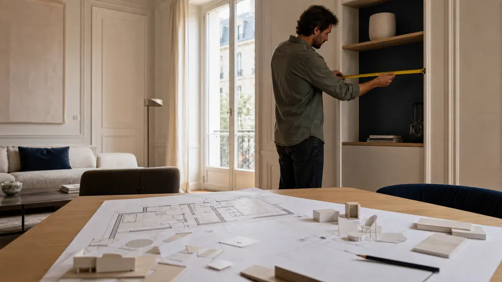 Homeowner measuring a wall recess with a tape measure beside a scaled floor plan showing door swing arcs and paper furniture templates, warm editorial interior photography, no text, no logo