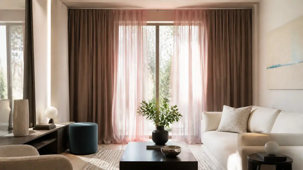 Editorial photograph of a modern living room window dressed with sheer blush pink linen curtains layered under thick taupe blackout curtains, beside a cream sofa with one subtle geometric cushion, soft natural daylight, no text, no logo