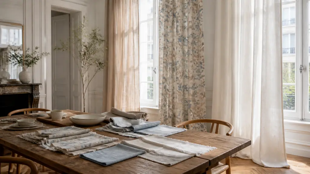 Editorial photograph of a bright dining room with washable natural linen curtains, a restrained modern floral pattern on one window panel, and fabric samples placed beside neutral tableware, soft daylight, no text, no logo