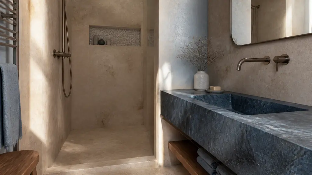 Editorial photograph of a compact bathroom featuring a textured travertine shower floor, a small stone mosaic niche and a custom dark blue stone basin, soft natural light, no text, no logo