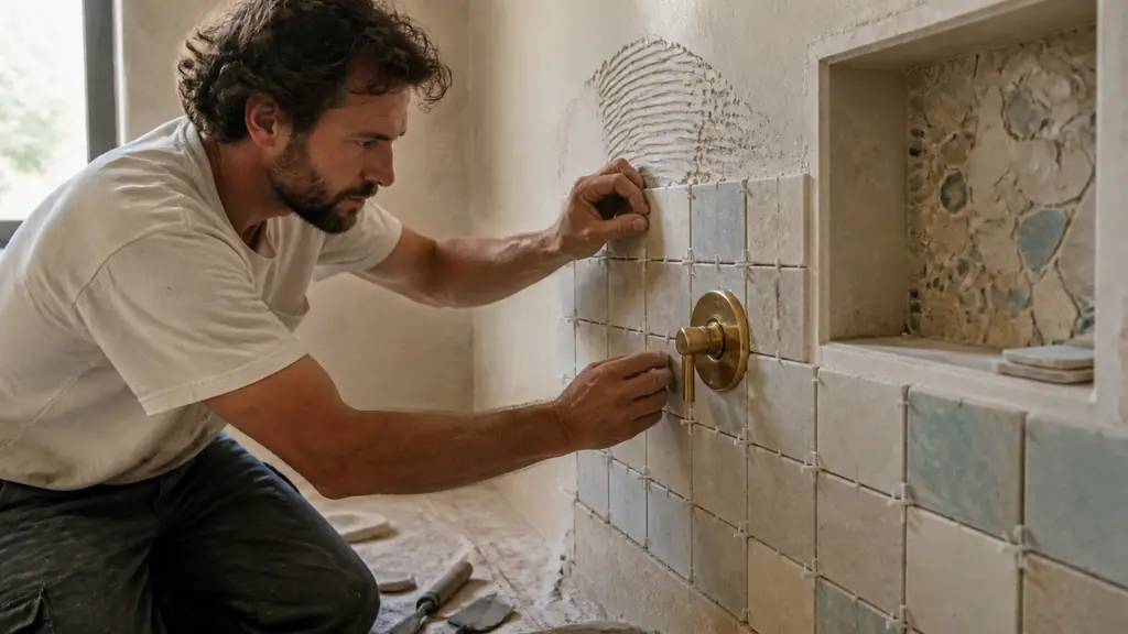 Editorial photograph of a bathroom installer arranging small 15 x 15 cm natural stone wall tiles around a brass faucet, with a textured travertine shower floor and a mosaic niche, soft daylight, no text, no logo