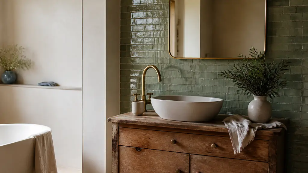 Editorial bathroom featuring sage green zellige tiles, a vintage wooden vanity with a countertop basin, and brushed brass faucets, soft natural light, no text, no logo