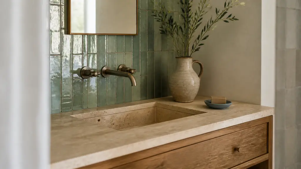 Editorial bathroom close-up featuring an irregular sage zellige backsplash, a warm wood vanity, and a travertine countertop, soft natural light, no text, no logo