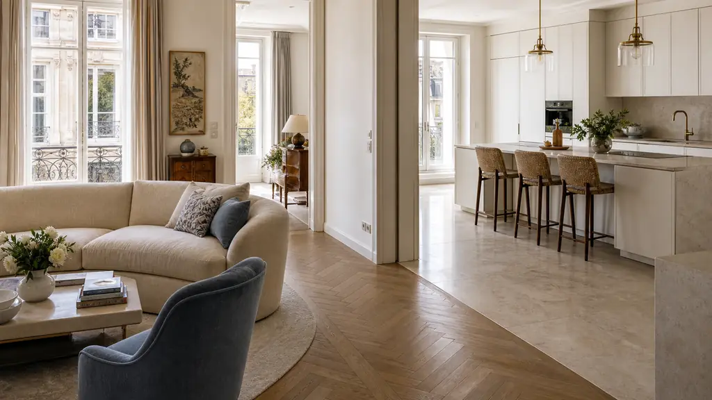open plan living room and kitchen with parquet in lounge and tile in kitchen, subtle floor transition, warm natural light, editorial interior photography, no text, no logo