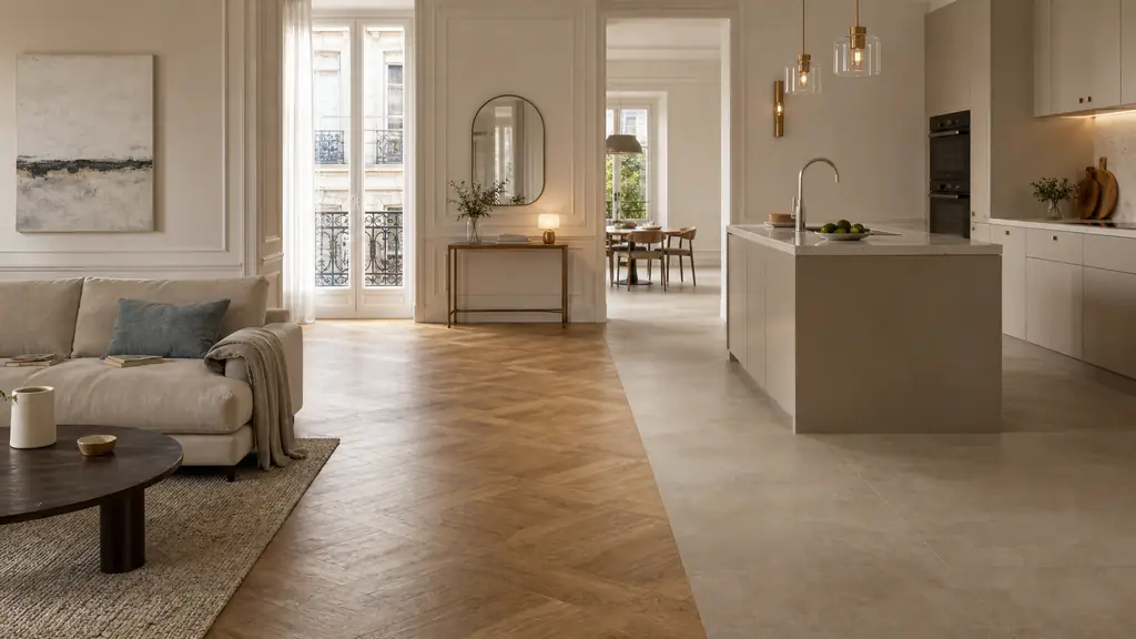 open plan living room and kitchen with warm oak parquet in lounge and matte greige tile in kitchen, clean flush floor transition, soft natural light, editorial interior photography, no text, no logo
