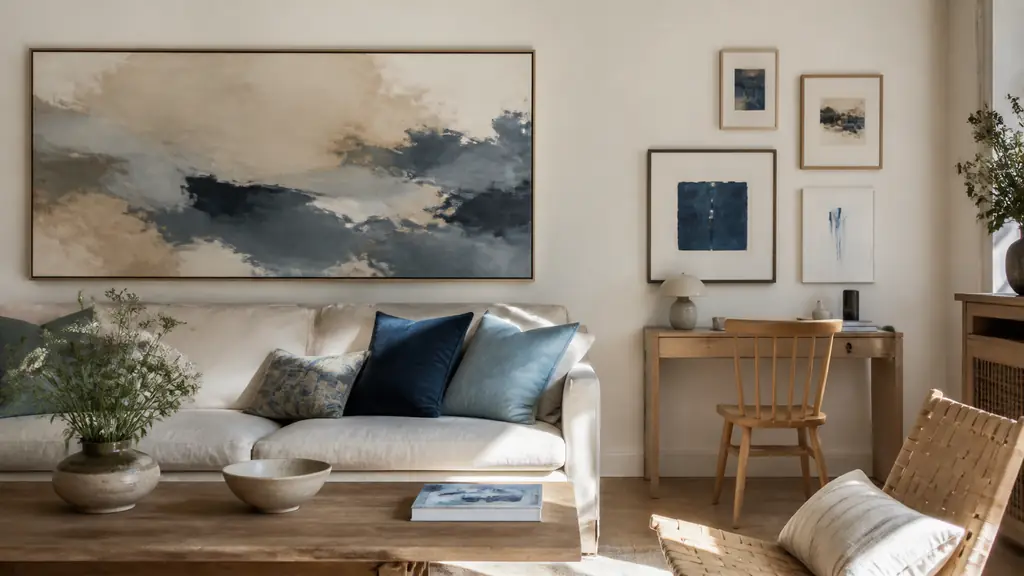 editorial photograph of a horizontal artwork hanging 25 cm above a living room sofa, with a small coordinated gallery wall visible above a nearby desk, soft natural light, no text, no logo