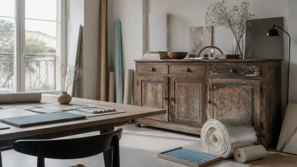 Editorial photograph of a bright home workspace with a vintage-effect wooden cabinet, rolled insulation material and a miniature swimming pool cover sample arranged as practical project references, natural daylight, no text, no logo