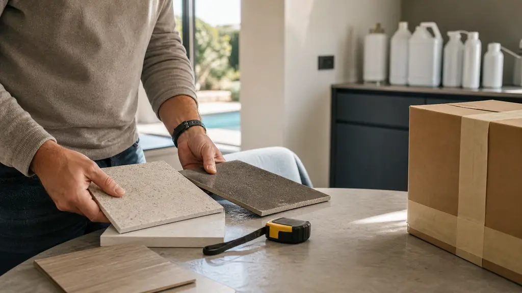 Editorial photograph of a homeowner comparing two countertop material samples beside a measuring tape and a moving box marked only with blank tape, with unlabelled pool treatment bottles in the background, natural daylight, no text, no logo