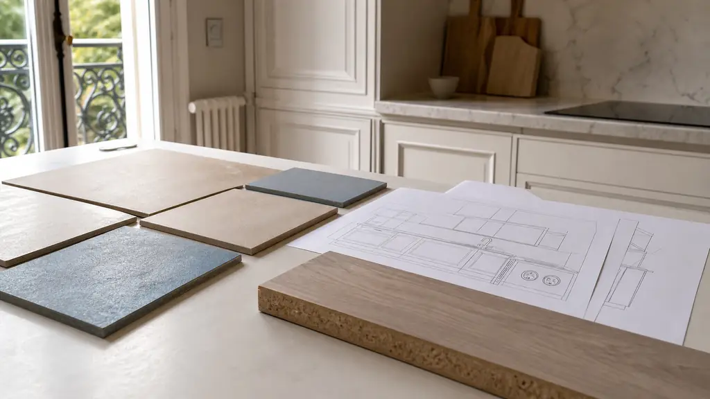 Editorial photograph of a kitchen renovation cost review, showing a sample of floor tiles, a laminate worktop offcut and electrical outlet plans arranged on a countertop, natural daylight, no text, no logo