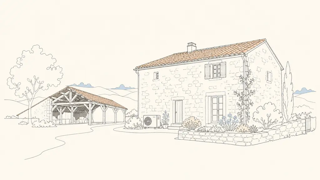 Editorial photograph of a Gers stone farmhouse with an open timber barn, a small walled garden, and modern heat pump equipment discreetly installed beside the house, no text or logo