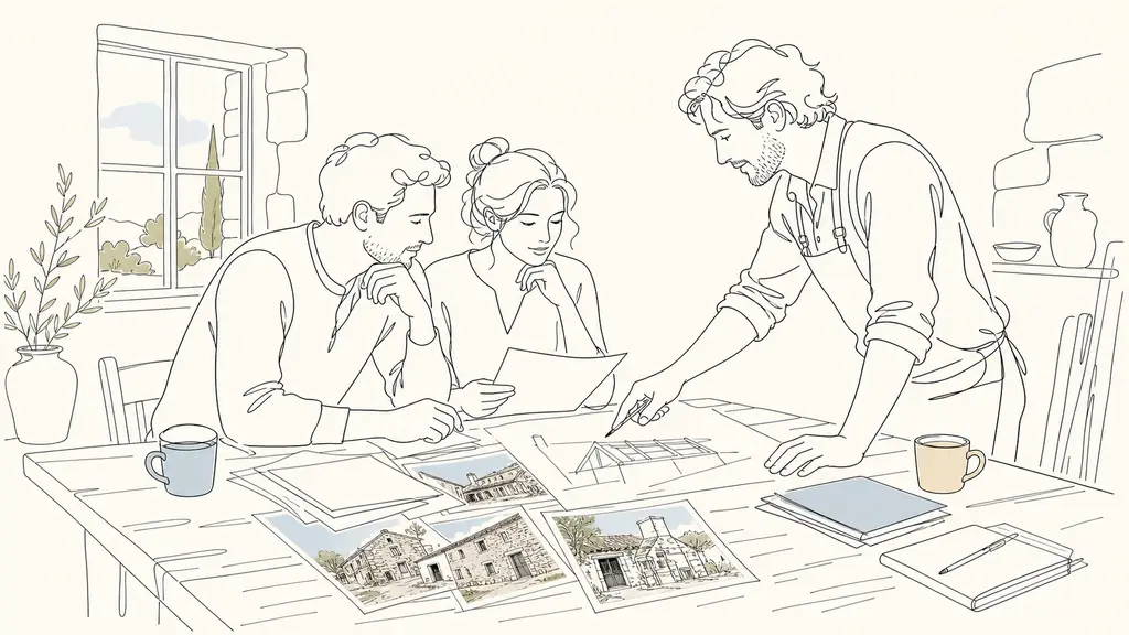 editorial photo of a couple at a wooden table reviewing a French mortgage offer and renovation quotes, with stone farmhouse photos spread out, a local artisan pointing to a roof sketch, natural light, no text no logo