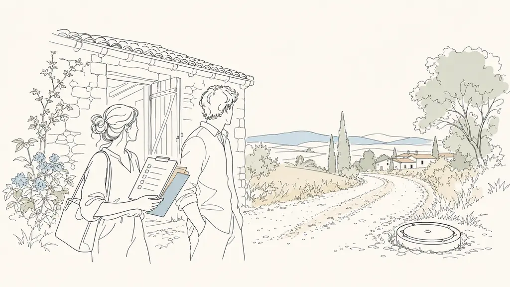 editorial photo of a couple during a house viewing in rural Gascony, standing beside an old stone outbuilding, one person holding a checklist and a folder of renovation quotes, another looking toward a gravel access road and a septic tank inspection cover, soft natural light, no text no logo