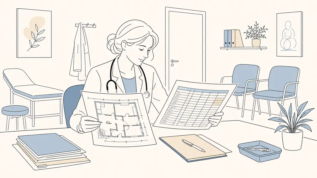 French healthcare practitioner reviewing a floor plan and fixed loan repayment schedule at a desk inside an occupied consultation room, with patient chairs visible in the background, natural editorial photography, no text, no logo