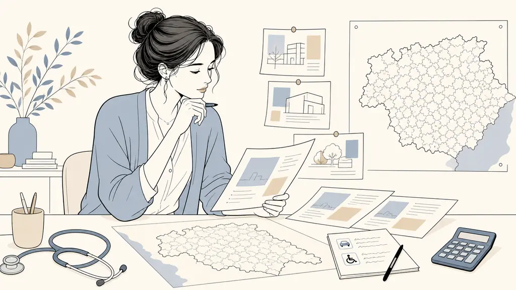 Liberal healthcare practitioner comparing local office listings and a map of Gers communes at a desk, with parking access notes and a calculator visible, natural editorial photography, no text, no logo