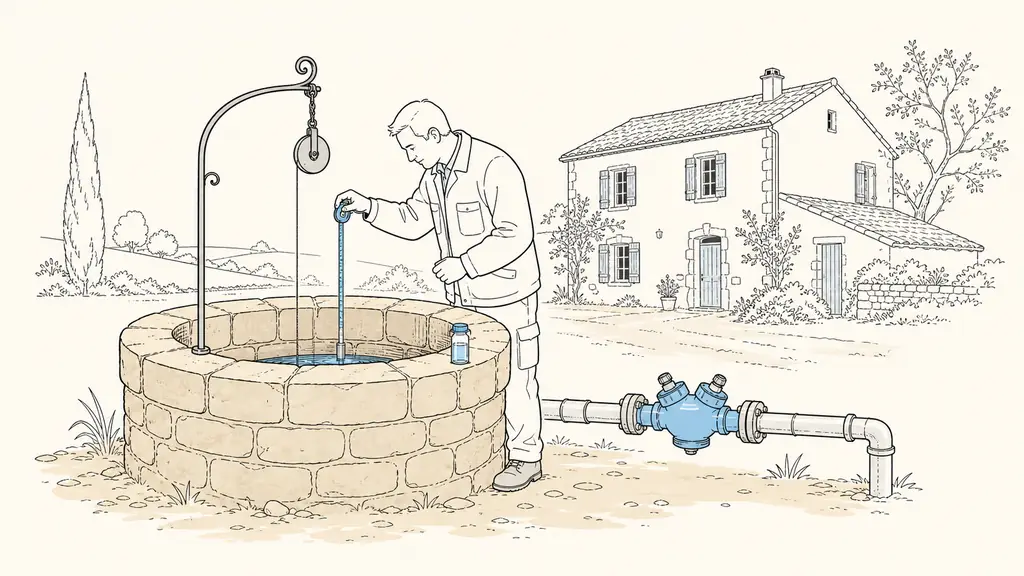 Editorial photograph of a rural French property inspection, with a surveyor measuring the depth of an old stone well, a sealed water sample vial beside the opening, and a visible backflow prevention valve on the nearby pipework, no text or logo