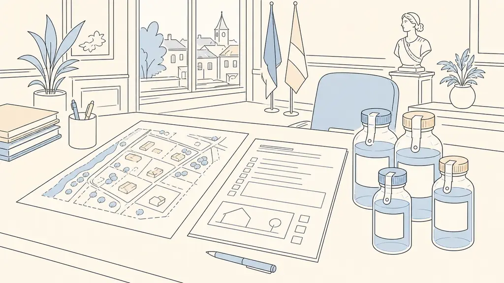 Editorial photograph of a French town hall desk with a well location plan and completed declaration form beside sealed laboratory water sample bottles, no text or logo