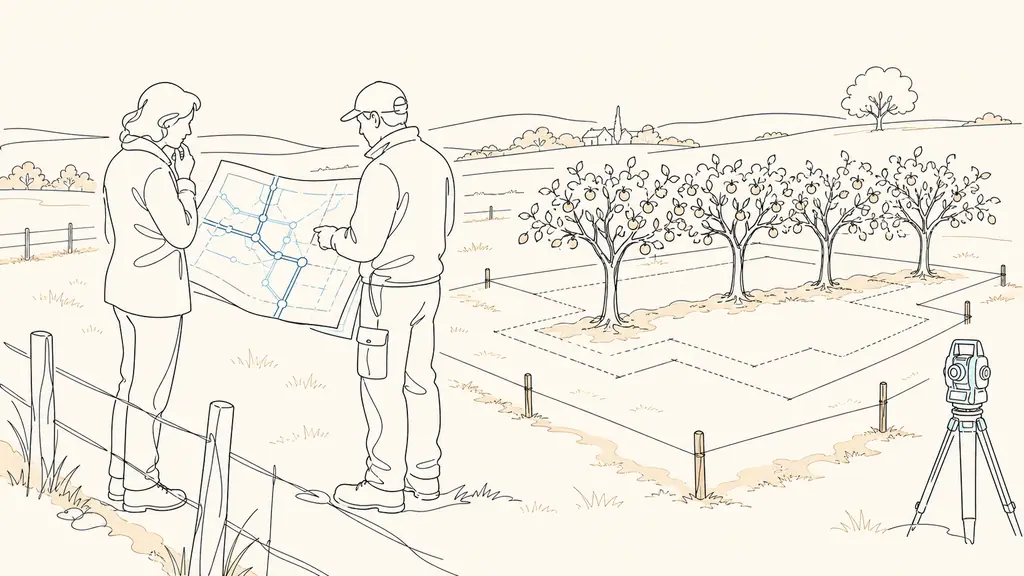 Editorial photograph of a prospective buyer and surveyor examining an underground network plan beside a rural plot, with marked house foundations and a line of fruit trees crossing the proposed building area, no text, no logo