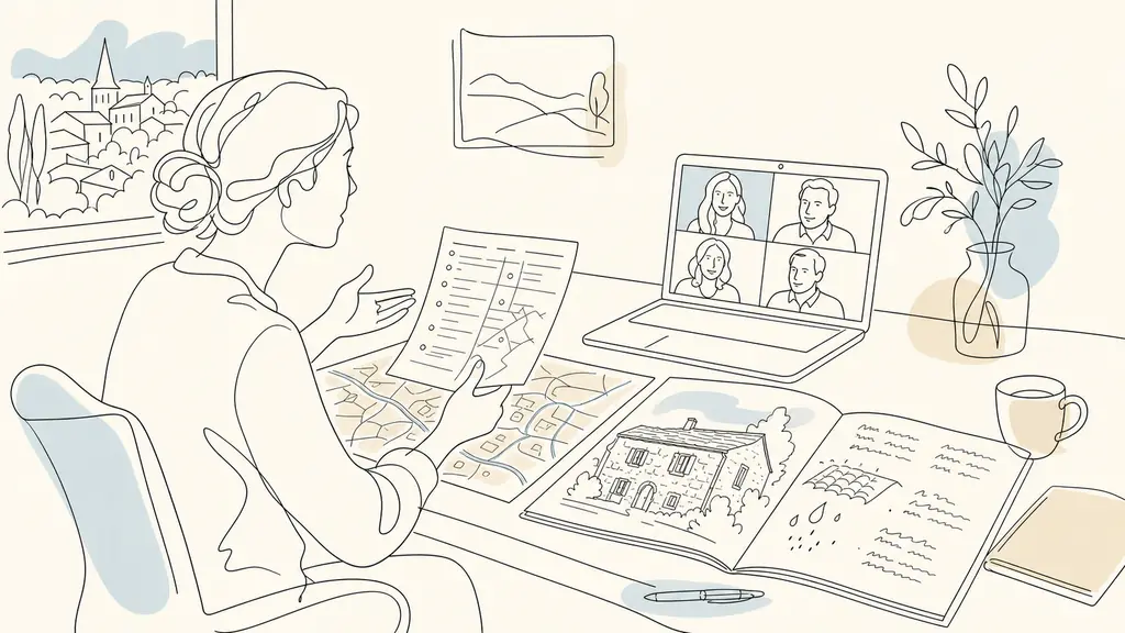 Editorial photo of a local real estate agent reviewing a printed viewing schedule and village map with overseas buyers on a laptop video call, stone Gers house dossier, handwritten notes about roof and humidity, natural daylight, no text, no logo