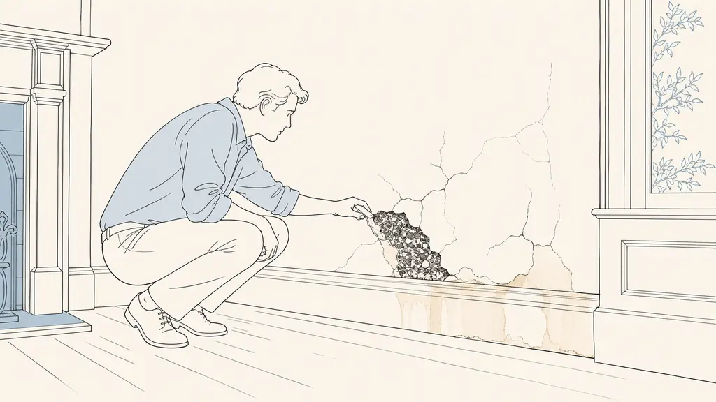 editorial photo of a homebuyer inspecting a chipped wall reveal on an early 20th century house, granular dark gray clinker aggregate visible beneath cracked beige render, moisture stains along the baseboard, natural daylight, no text or logo