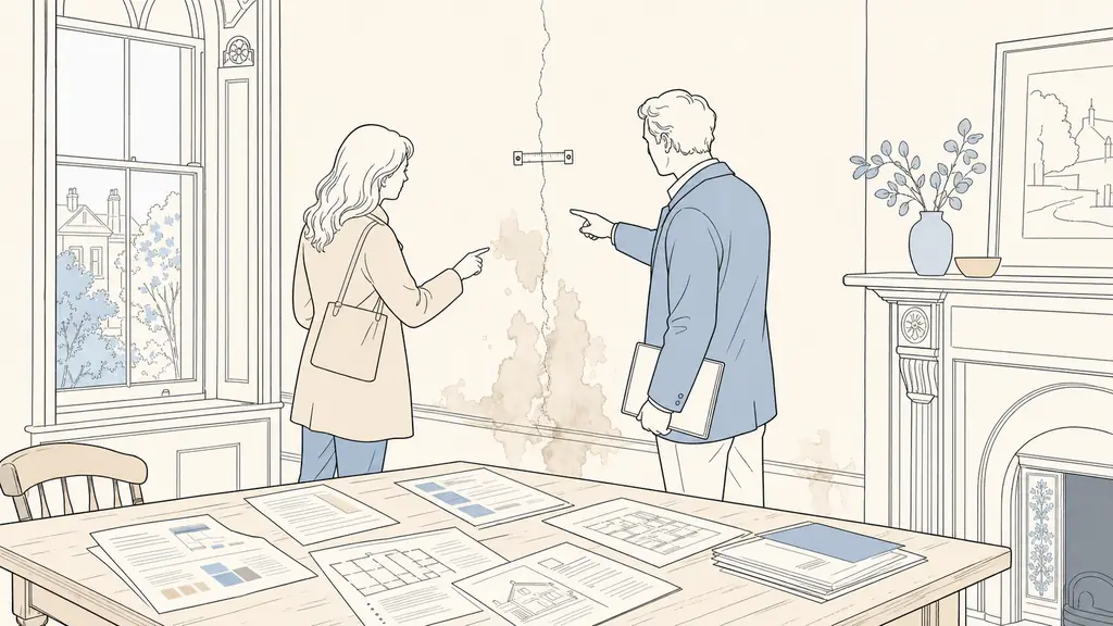 editorial photo of a homebuyer and building surveyor inside an early 20th century house, pointing at moisture stains on the lower wall, a small crack gauge fixed across a plaster fissure, printed renovation quotes and diagnostics papers spread on a wooden table, natural daylight, no text or logo
