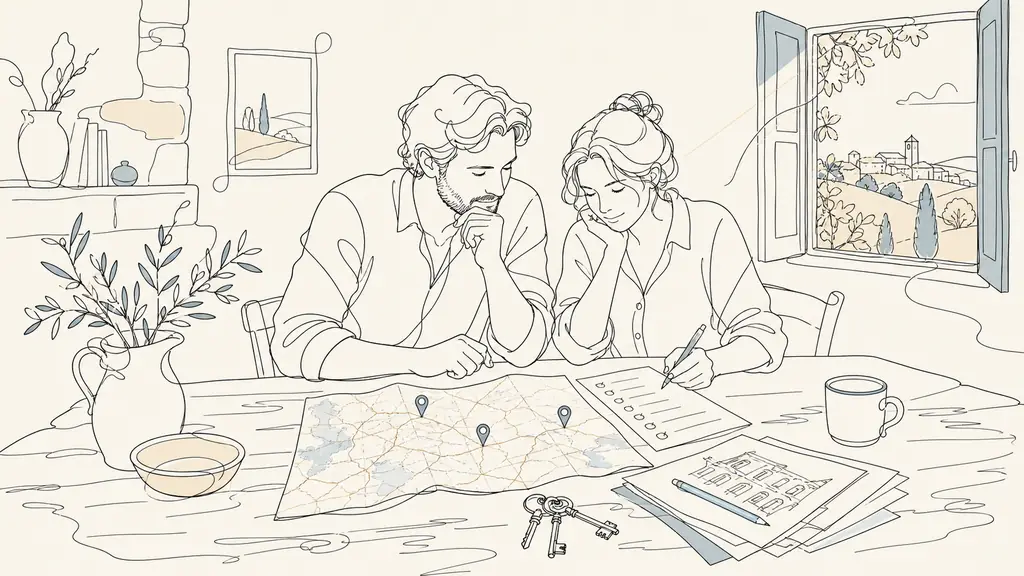 Editorial photo of a couple at a rustic wooden kitchen table in Gers, reviewing a house viewing checklist beside a paper map marked Auch, Lectoure and Condom, with renovation notes, old stone house keys and afternoon natural light, no text, no logo
