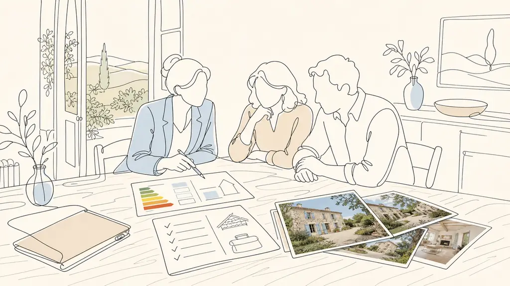 Editorial photo of a real estate agent and sellers reviewing a printed DPE sheet, a handwritten repair checklist with roof and septic notes, and glossy listing photos of a stone house on a wooden table in a bright Gers dining room, no text, no logo