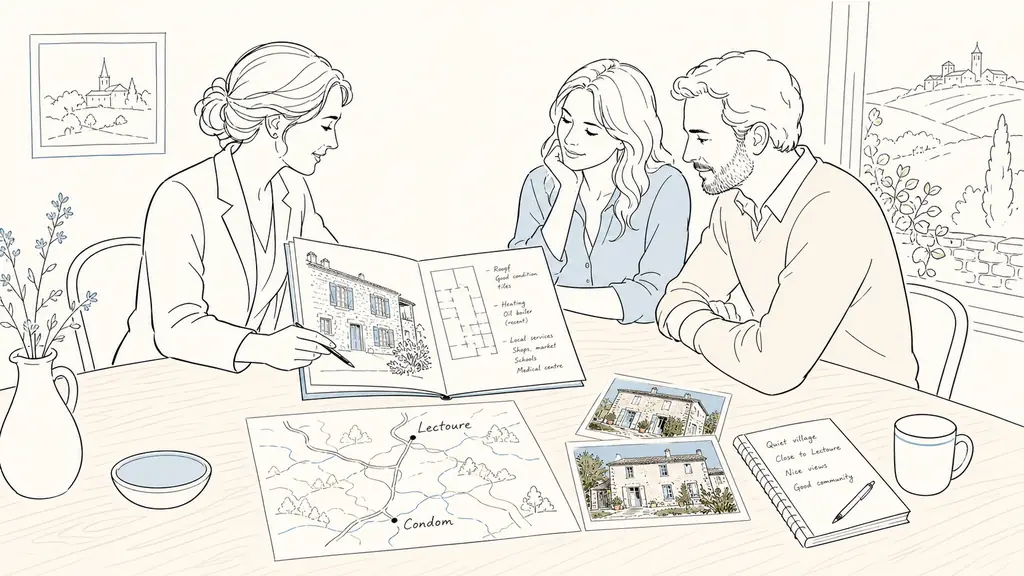 Editorial photo of a real estate agent and a couple reviewing a printed property folder on a wooden table, with a handwritten village map labeled Lectoure and Condom, stone house exterior photos, and notes about roof, heating, and local services, no text overlay, no logo