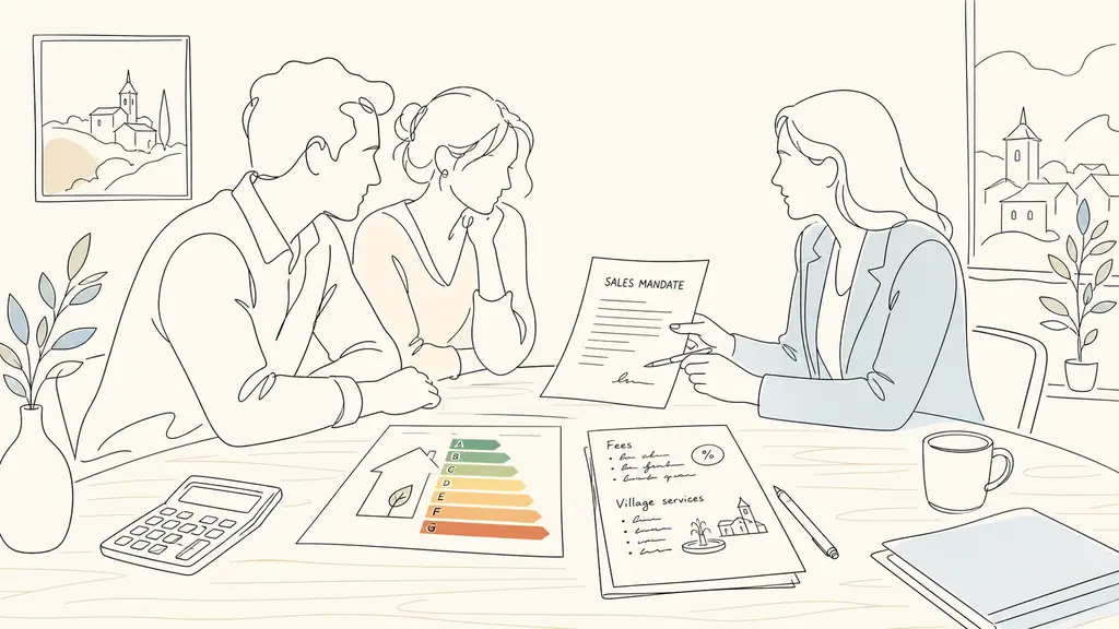 Editorial photo of a homeowner and a real estate agent reviewing a printed sales mandate at a wooden table, with a calculator, a DPE sheet showing energy class letters, and handwritten notes about fees and village services, no text overlay, no logo