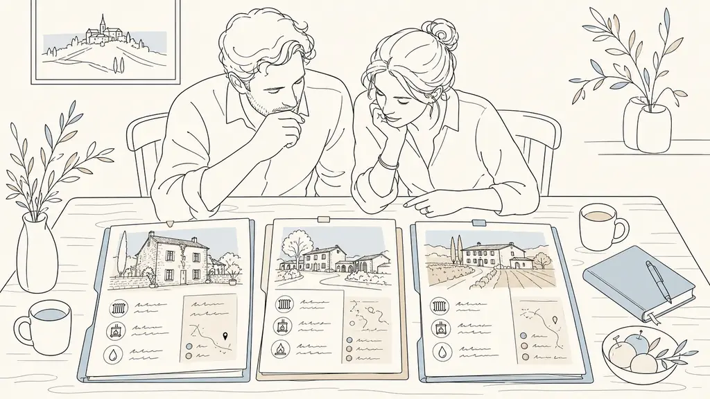 A couple reviewing three property folders on a wooden table, showing a stone village house, an old residence with outbuildings, and a rural Gascony property, with handwritten notes about heating and local services, editorial photography, no text or logo