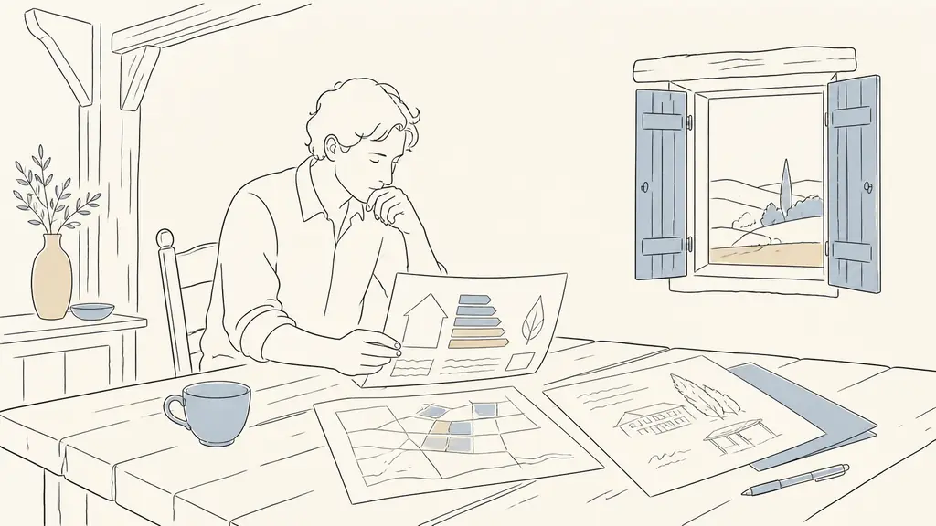A homeowner preparing for a property consultation at a farmhouse table in Gascony, with an energy performance report, a cadastral plan, and handwritten renovation notes, editorial photography, no text or logo
