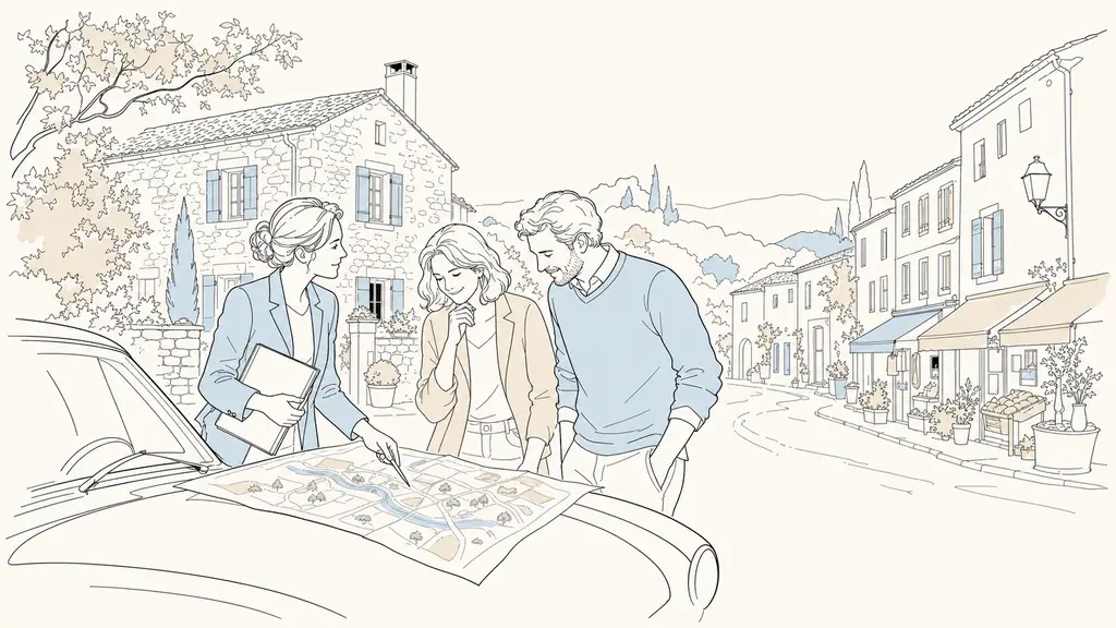 Editorial real estate scene in rural Gascony, a local agent and a couple reviewing a house listing beside a village map on a car hood, stone house in the background, quiet street with small local shops, soft natural light, no text, no logo