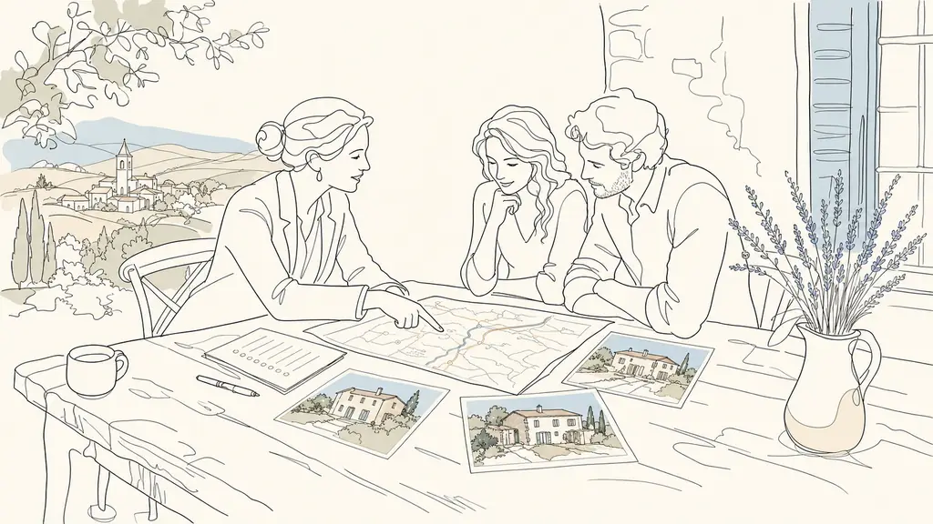 Editorial photo of a local real estate agent and a couple at a wooden table in Gascony, reviewing a printed village map, handwritten checklist, and house photos, one finger pointing to commute routes toward Toulouse, soft natural light, no text, no logo