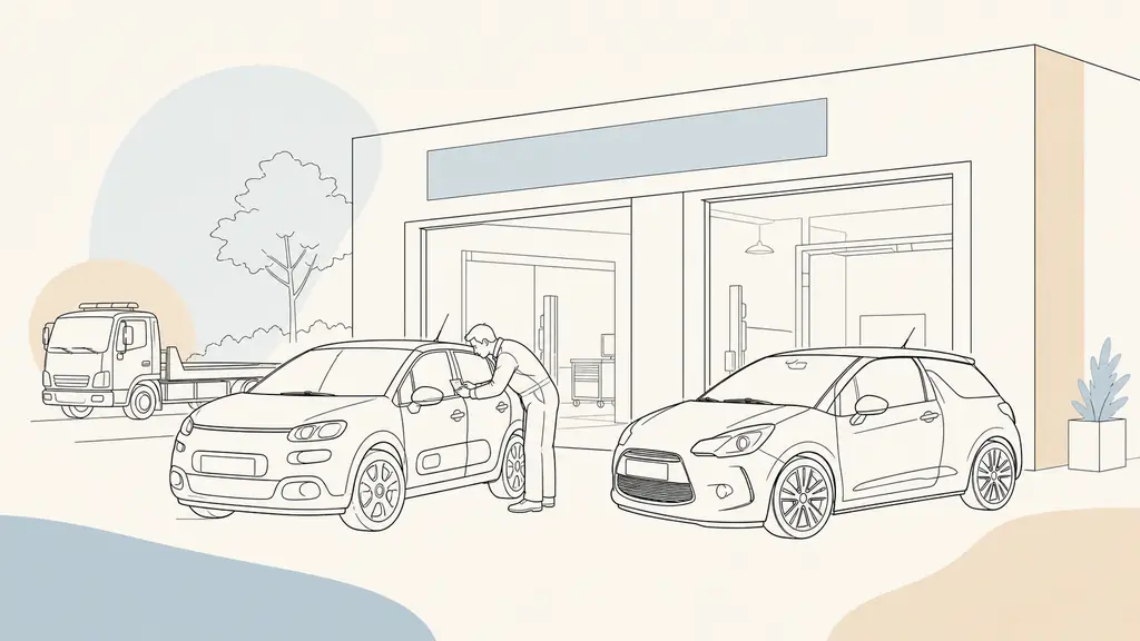 Editorial photograph of a Citroën C3 and a DS3 parked outside an authorized repair workshop, with a mechanic checking a VIN through the windshield and a tow truck waiting nearby, no readable text or logos