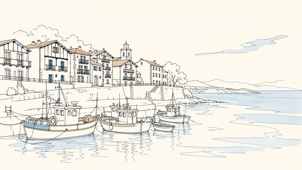 Editorial photograph of Saint-Jean-de-Luz harbor at morning light, with traditional Basque houses overlooking fishing boats and the Atlantic coastline in the background, no text or logo
