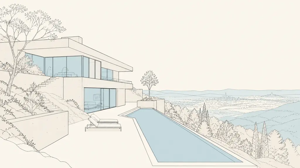 Contemporary villa on a sloping Monts d'Or site, stepped concrete volumes, large glazed facade facing the landscape, and a narrow lap pool beside the terrace, editorial architectural photography, no text, no logo