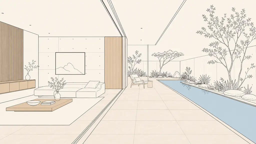Editorial architectural photograph of a contemporary living room with aligned stone flooring extending onto a sheltered terrace, timber beside exposed concrete walls, and a narrow mirror pool framed by a landscaped garden, no text, no logo