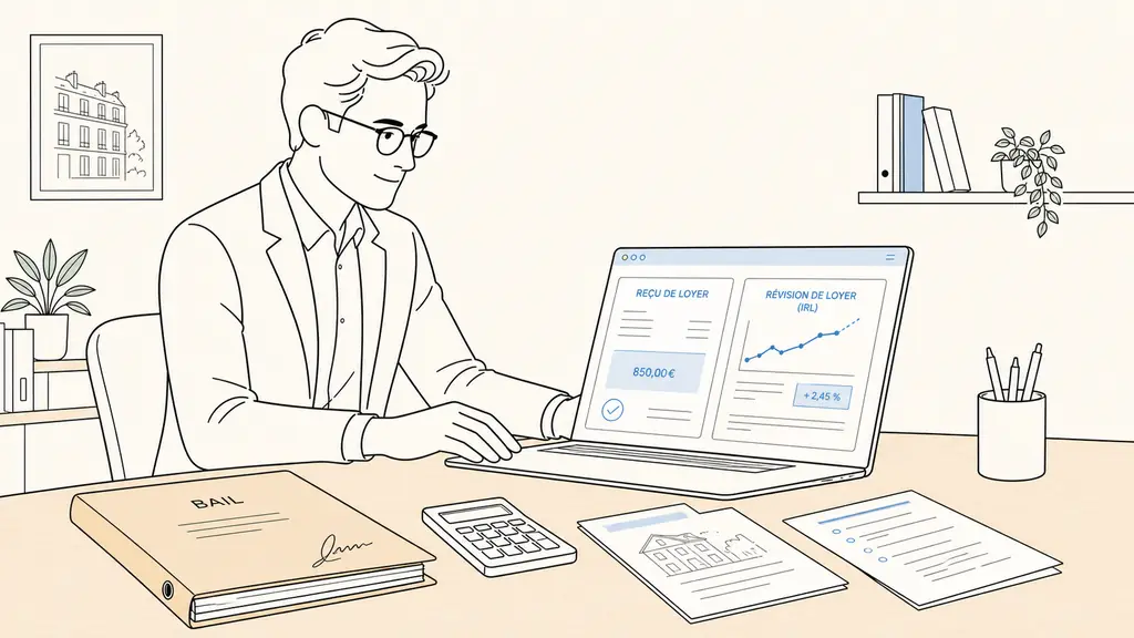 Property manager reviewing an automatically generated rent receipt and IRL rent revision on a laptop, with a signed lease folder and calculator on a wooden desk